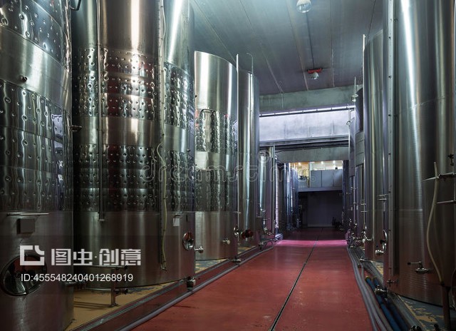 含發(fā)酵葡萄酒的不銹鋼蓄水池Stainless cisterns with fermenting wine in fabric